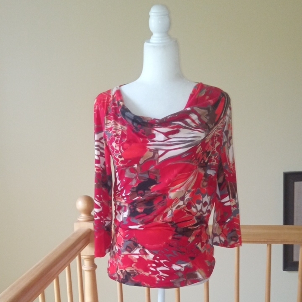Strazzi Vibrant Red Abstract Stretchy Fabric Women's Cowl Neck Blouse Top NWT